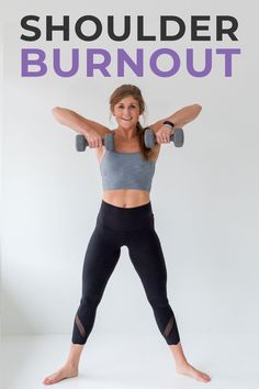 a woman holding two dumbbells with the words 10 - minute shoulders above her head