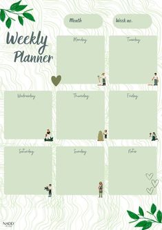 a weekly planner with green leaves and people