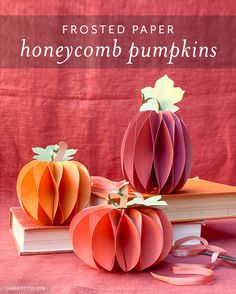 two paper pumpkins sitting on top of books with the title frosted paper honeycomb pumpkins