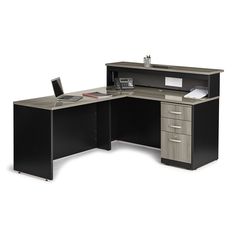 an l - shaped desk with two drawers and a laptop on it, in front of a white background