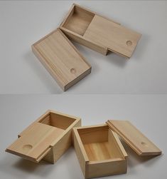 three wooden boxes with one open and the other closed