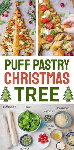 puff pastry christmas tree recipe with ingredients on the side and text overlay that reads puff pastry christmas tree