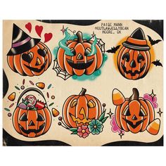 an image of halloween pumpkins with hats and flowers on it's face sticker sheet