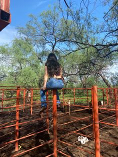 a woman standing on top of a metal fence next to a forest filled with trees