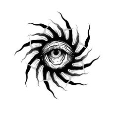 an eye in the center of a black and white drawing