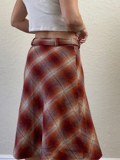 Measurements: Waist: 30 inches Length: 24inches Plaid Skirt Elastic Waist, Plaid Midi Skirt With Lining, Red Plaid Midi Skirt, Retro Full Plaid Skirt, Retro Plaid Lined Skirt, Orange Plaid, Plaid Skirts, Sustainable Clothing, Midi Skirt