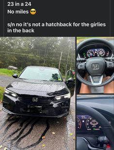 the dashboard and steering wheel of a black honda civic hatchback, which is covered in rain