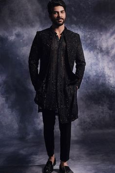 Buy Black Poly Blend Suiting Fabric Embroidered Open Jacket And Kurta Set For Men by Varun Chakkilam Online at Aza Fashions. Men’s Sangeet Outfit, Sangeet Night Outfit For Men, Black Sangeet Outfit Men, Men Reception Outfit, Sangeet Kurta For Men, Reception Suits For Groom, Sangeet Outfits For Groom, Open Jacket Kurta Men, Sangeet Men Outfit