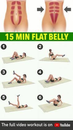 a woman is doing exercises on her stomach with the words, 15 min flat belly