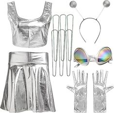 a set of silver clothing and accessories including gloves, sunglasses, bracelets and necklace