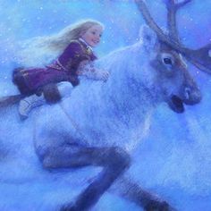 a painting of a girl riding on the back of a white horse in winter time