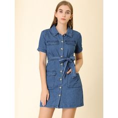 The dress features a point collar, a button-down design, and a belt for a casual chic look. Pair it with ankle boots or chunky sneakers for a casual look. This denim shirt dress is a good choice for fall or spring. A belt gathering around the waist brings a feminine touch. Add another cooler-season dress to your assortment with this style. It has short sleeves, a flattering tie waist, and plenty of practical pockets. Fastened with a full placket at the front, this piece can be paired well with p Spring Denim Dress With Snap Buttons For Work, Trendy Button-up Denim Dress For Workwear, Trendy Buttoned Denim Dress For Work, Casual Dark Wash Denim Dress With Buttoned Pockets, Casual Short Sleeve Denim Dress With Belt, Casual Short Sleeve Belted Denim Dress, Casual Belted Short Sleeve Denim Dress, Trendy Collared Denim Dress, Trendy Button Closure Denim Dress For Work