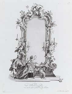 an ornate mirror with figures around it