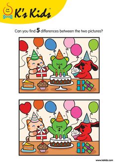 two pictures with balloons and some animals in the same place, one has a birthday cake