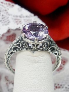 Natural Amethyst Ring/ 925 Sterling Silver/ Round Cut Natural Purple Amethyst Intricate Filigree Ring/Vintage Style [Custom Made] Design#167 by SilverEmbraceJewelry on Etsy Vintage Amethyst Ring With Accent Stones For Anniversary, Vintage Sterling Silver Purple Rings, Purple Anniversary Rings With Intricate Design, Vintage Oval Amethyst Ring With Filigree, Vintage Amethyst Ring With Intricate Design For Anniversary, Purple Oval Filigree Ring For Anniversary, Ornate Purple Ring For Anniversary, Vintage Purple Sterling Silver Ring, Ornate Purple Anniversary Rings