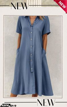 Blue Plain Collared Side Pocket Midi Dress Round Neck Casual Dress, Long Sleeve Denim Jacket, Short Sleeve Tunic, Sling Dress, Print Coat, Casual Cardigans, Denim Material, Fashion Color, Sleeveless Jumpsuits