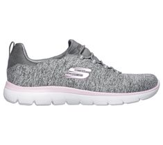 Get right to the sporty style and comfort wearing the Skechers Summits - Quick Getaway shoe. This slip-on sneaker features a soft heathered jersey knit upper with a bungee-laced front and cushioned Memory Foam comfort insole. | Skechers Women's Summits - Quick Getaway Sneaker Sporty Gray Slip-on Sneakers For Light Exercise, Gray Slip-on Sneakers For Jogging, Comfortable Sporty Sneakers For Jogging, Comfortable Athleisure Sneakers For Sports, Comfortable Gray Slip-on Sneakers For Jogging, Sporty Textile Slip-on Sneakers For Light Exercise, Gray Athleisure Sneakers With Elastic Laces, Comfortable Gray Sneakers With Cushioned Footbed, Gray Comfortable Sneakers With Cushioned Footbed