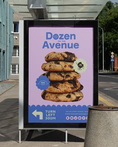 Dozen on the Avenue cookie shop with the branding and visual identity, that is bright light and deigned for those that love colourful inspiration. Cookie Brand Identity, Cookies Poster Design, Cookie Graphic Design, Bakery Inspiration, G Logo Design, Biscuits Packaging, Cookie Shop, Cookies Branding