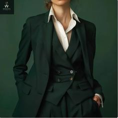 Green Dressy Pant Three Piece Suit for Women | eBay Dark Feminine Outfits, Three Piece Suit Women's, Green Suit Women, Dressy Pant Suits, Formal Suits For Women, Female Suit, Women Suits Wedding, Woman In Suit