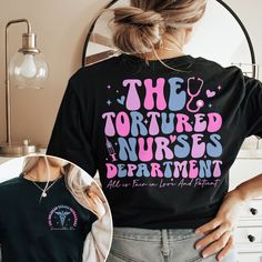 Tortured Nurses Department Shirt, Funny Nurse Gift, Trending Nurse Shirt, Registered Nurse, RN Shirt, ER Nurse Shirt,  All is Fair T-shirt MATERIAL UNISEX T-SHIRT **Material * Our shirts are composed of 60% cotton and 40% polyester for your comfort. **Size Chart  * Feel free to refer to our size chart for the ideal fit of your t-shirts. * Explore a diverse range of sizes designed to accommodate every member of your family. UNISEX SIZING CHART Small: Length 28" - Width 18" (4-6) Medium: Length 29" - Width 20" (6-10) Large: Length 30" - Width 22" (10-14) XL: Length 31" - Width 24" (14-18) 2XL: Length 32" - Width 26" (18-20) 3XL: Length 33" - Width 28" (20-22) All measurements are approximations. Shirts may be within 1" of the dimensions listed The shirts were measured laying on a flat surfac Long Sleeve Graphic Tee With Funny Text, Black Nursing Top With Graphic Print, Black Graphic Print Nursing Top, Casual Black Nursing Top, Nursing Tops With Text Print And Crew Neck, Crew Neck Nursing Tops With Text Print, Relaxed Fit Nursing Tops With Crew Neck, Funny Nurse Gifts, Funny Nurse Shirts