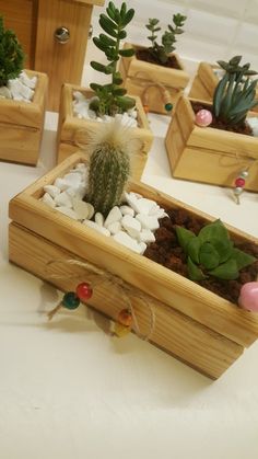 small wooden planters with succulents and rocks in them on a table