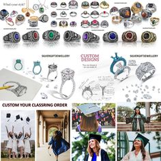 the collage shows different types of rings and jewelry, including graduation caps, gowns,