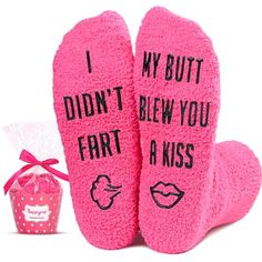 Weird SocksThese fuzzy dark pink socks for her feature a funny saying "I DIDN'T FART MY BUTT BLEW YOU A KISS" printed on the soles. Funny socks are perfect for making her laugh.Size & MaterialThese fluffy socks are made of plush coral fleece, providing ultimate comfort and warmth. Designed to fit women's shoe sizes 6-10. Our fuzzy socks also feature black non-slip soles, ensuring your safety on wood and tile floors.Cupcake PackagingTo ensure eas... Socks That Look Like Shoes, Playful Pink Socks For Gifts, Playful Pink Socks For Gift, Funny Letter Print Socks As Gift, Funny Letter Print Socks Gift, Cute Super Soft Socks For Gift, Pink Novelty Socks For Gift, Pink Super Soft Socks For Gift, Pink Comfortable Socks For Gift