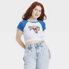 Women’s Powerpuff Girls Baby Tee Crop Top T-Shirt New Y2k Style Blue Y2k Crop Top For Streetwear, Y2k Short Sleeve Blue Top, Y2k Blue Short Sleeve Top, Blue Y2k Short Sleeve Top, Blue Y2k Style Short Sleeve Top, Y2k Style Blue Short Sleeve Tops, 90s Inspired Blue Short Sleeve Top, 90s Inspired Blue Cotton Top, 90s Inspired Short Sleeve Crop Top For Spring