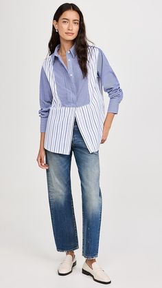 Solid & Striped The Laly Blouse | Shopbop Striped Shirttail Hem Top For Work, Striped Collar Tops For Workwear, Relaxed Fit Blouse With Striped Collar For Work, Spring Daywear Tops With Striped Cuffs, Spring Tops With Striped Fold Down Collar, Striped Shirt With Collar For Work, Collared Pinstripe Top For Workwear, Chic Workwear Tops With Striped Cuffs, Casual Tops With Striped Cuffs For Daywear