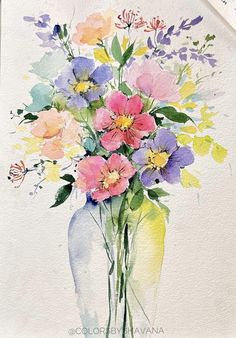 a watercolor painting of flowers in a vase