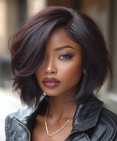 Deep Burgundy Bob for Light Skin Black Women Bob Hair Black Women, Wavy Bob Hairstyles For Black Women, Dark Bob Hairstyles, Red Hair Short Hair, Burgundy Bob, Hair Color For Brown Skin, Chic Short Hair, Dark Red Hair, Sassy Hair