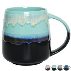 a blue and black coffee mug with waves on the side, in front of four different color options