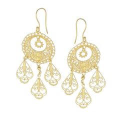 Possessing the elegance of a princess these chandelier earrings are designed by Balinese artisan Desi Antari. Handcrafted sterling silver wire and dot patterns are bathed in 18k gold with three sections that dangle below. Luxury Gold Plated Chandbalis With Intricate Design, Luxury Gold-plated Chandbalis With Intricate Design, Ornate Yellow Gold Chandelier Drop Earrings, Gold Sterling Silver Bridal Earrings For Celebration, Ornate Yellow Gold Dangle Chandelier Earrings, Ornate Yellow Gold Chandelier Dangle Earrings, Festive Pierced Chandelier Drop Earrings, Celebration Filigree Dangle Jewelry, Festive Chandelier Drop Earrings