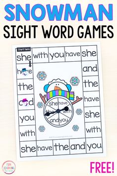 a snowman sight word game with the words and pictures below it