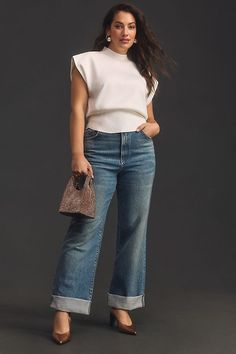 The Austyn High-Rise Cuffed Wide-Leg Jeans by Pilcro Plus Size Wide Jeans, Wide Leg Jeans Autumn Outfit, Anthropologie Work Outfit, Cuffed Wide Leg Jeans, Cuffed Wide Leg Jeans Outfit, Wide Leg High Waist Jeans Outfit, Plus Size Straight Leg Jeans Outfits, Wide Leg Ankle Jeans Outfit, Wide Leg Jeans Outfit Plus Size