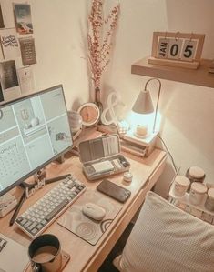 a desk with a computer, keyboard and mouse on it