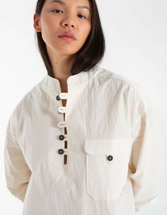 Collarless shirt in ecruLoose, oversized cutLow cut, button-down necklineBalloon style sleevesMade in France100% cottonAnna is 176cm and wears a size S Collarless Shirt, Button Downs, How To Wear