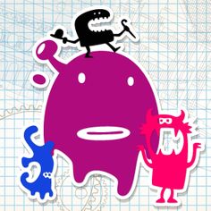 two stickers depicting monsters on top of each other, one is pink and the other is blue