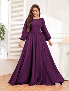 #color_Plum Long Outfits Hijab, Solid Color Maxi Dress With Ruched Bodice For Prom, Maxi Dress With Ruched Bodice For Prom, Solid Maxi Dress With Ruched Bodice For Prom, Solid Ruched Maxi Dress With Fitted Bodice, Elegant Chiffon Maxi Dress With Smocked Back, Ruched Empire Waist Dress, Evening Dresses With Smocked Back In Chiffon, Formal Flowy Ruched Chiffon Dress