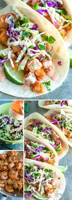 the process of making shrimp tacos with lettuce and coleslaw