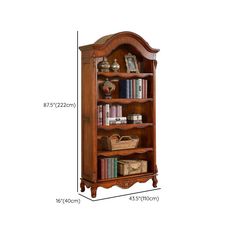 a wooden bookcase with books on it and measurements for each shelf in the room