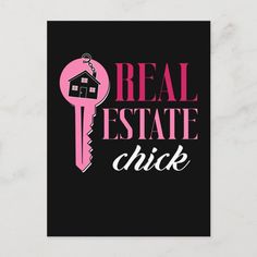 a real estate sign with the words, real estate click in pink on a black background