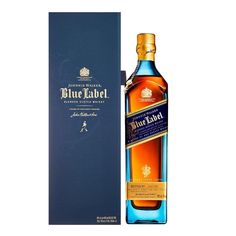 a bottle of blue label whisky next to a box