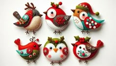 six birds with hats and bows on their heads are arranged in the shape of christmas ornaments