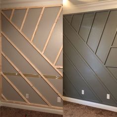 two pictures side by side showing the same paint color and wall with different lines on it