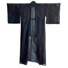 "This beautiful sheer summer kimono is made of a black and burgundy synthetic sha with a woven pattern of grasses and metallic sprays in silver. The open weave allows airflow for more comfortable summer wear. Measurements: Length (from bottom of collar to hem): 57.5\" Width (cuff to cuff): 49\" Sleeve length (top to bottom): 19\" Body width (shoulder seam to shoulder seam): 22.5\" Kimono type: summer (sheer) Heisei era (1989-Apr 2019) Excellent vintage condition"