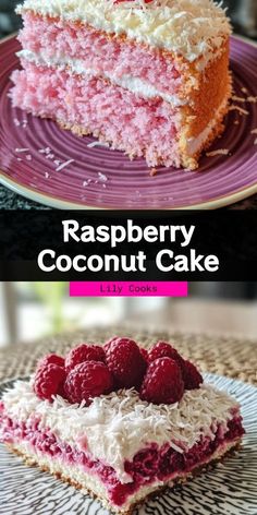 raspberry coconut cake on a purple plate