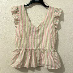 Nwt Draper James Green And Pink Striped Peplum Smocked Back Ruffle Sleeve Top. Size Medium. Questions? Leave A Comment Below! Casual Pink V-neck Smocked Top, Pink V-neck Smocked Top Casual, Spring Multicolor Smocked Top With Ruffles, Multicolor Smocked Top With Ruffles For Spring, Pink V-neck Top With Smocked Back, Multicolor Sleeveless Smocked Summer Top, Summer Multicolor Sleeveless Smocked Top, Casual Multicolor Ruffle Hem Tops, Casual Multicolor Tops With Ruffle Hem