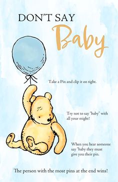 a baby shower poster with a teddy bear holding a blue balloon