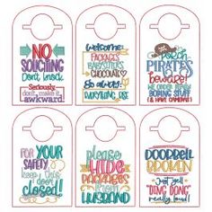 four door hangers with different sayings on them